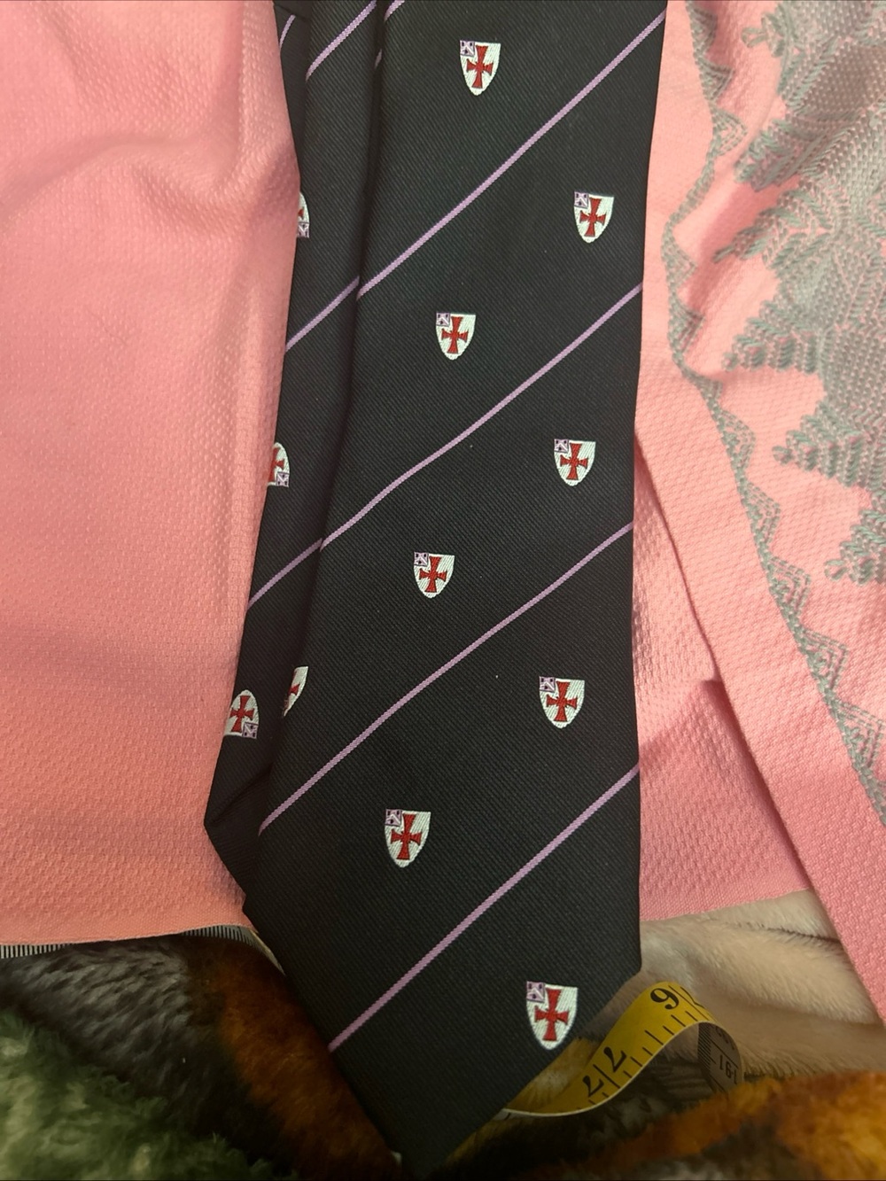 Classic Black Stripe Crest Tie in Pink Accent